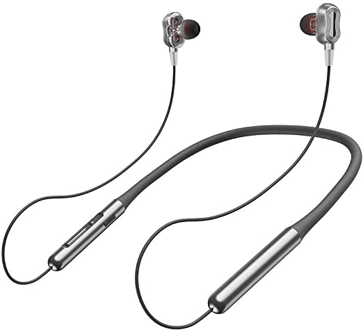 L'avvento (HP65S) Neckband Dual Drive Bluetooth Wireless Earphones Waterproof- Silver